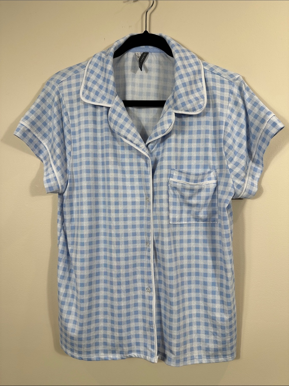 Jaclyn Intimate Blue White Gingham Plaid Stretch Pajama Sleep Shirt Large Pocket